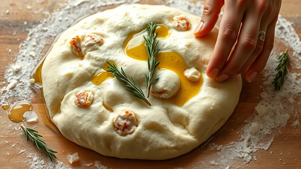 process: hands dimpling focaccia dough, olive oil glistening on surface, rosemary sprigs visible, photorealistic, natural light, no text