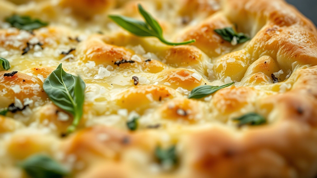 detail: close-up of crispy golden focaccia crust with melted cheese, fresh basil, sea salt crystals, photorealistic, shallow depth of field, natural light, no text
