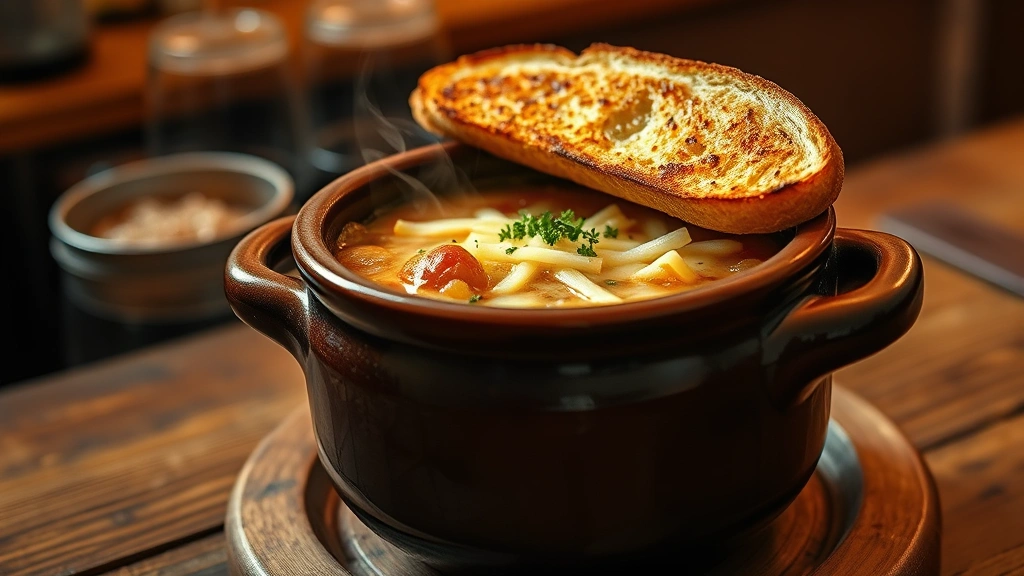 hero: French onion soup in a ceramic crock with melted golden Gruyère cheese and toasted bread on top, steam rising, rustic wooden table background, warm bistro lighting, no text