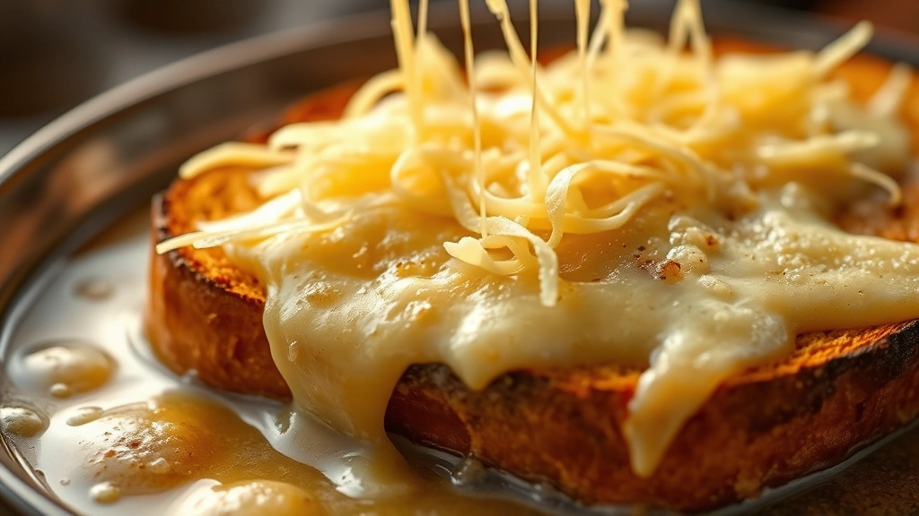 detail: close-up of melted bubbly Gruyère cheese on toasted bread over steaming soup, cheese strings visible, warm golden light, no text