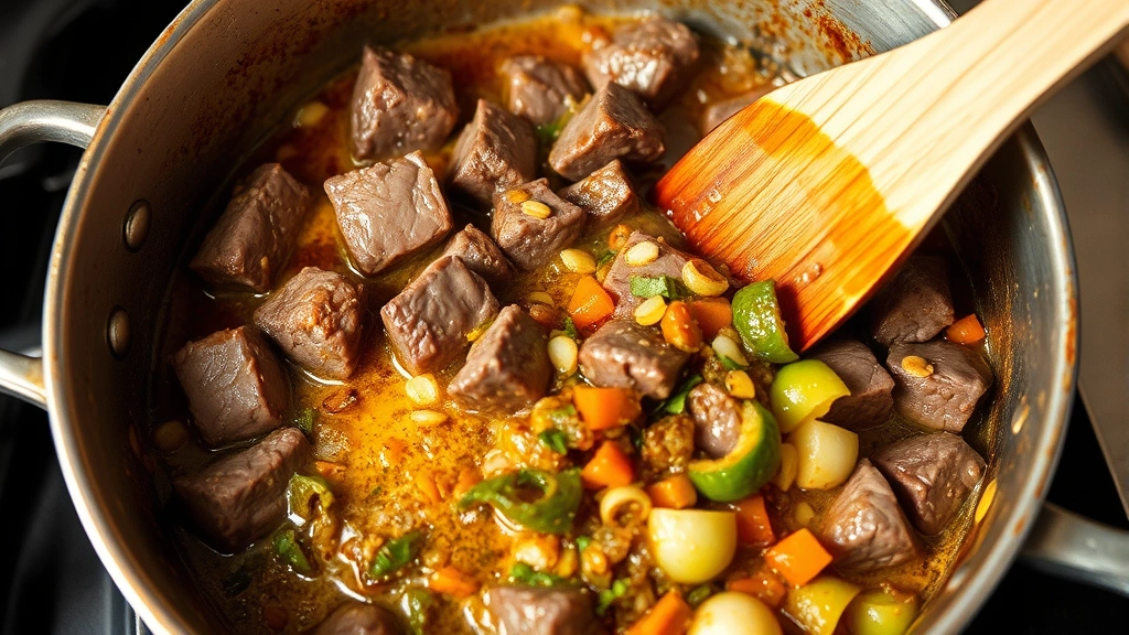 process: browning beef chunks in large pot with caramelized crust, soffritto cooking, vegetables being added, photorealistic, natural kitchen light, no text