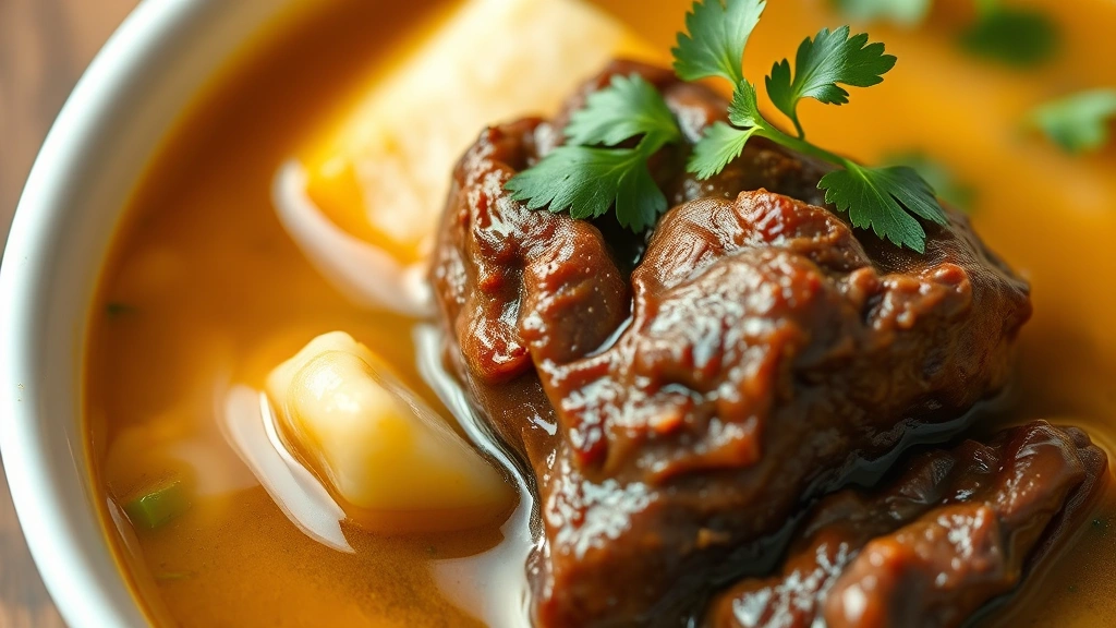 detail: close-up of tender beef chunk and cassava piece in golden broth with cilantro garnish, photorealistic, warm natural light, shallow depth of field, no text