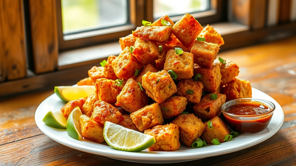 hero: golden crispy Haitian griot pork cubes piled on white plate with lime wedges and fresh scallions, pikliz condiment on side, natural window light, rustic wooden table background, vibrant and appetizing