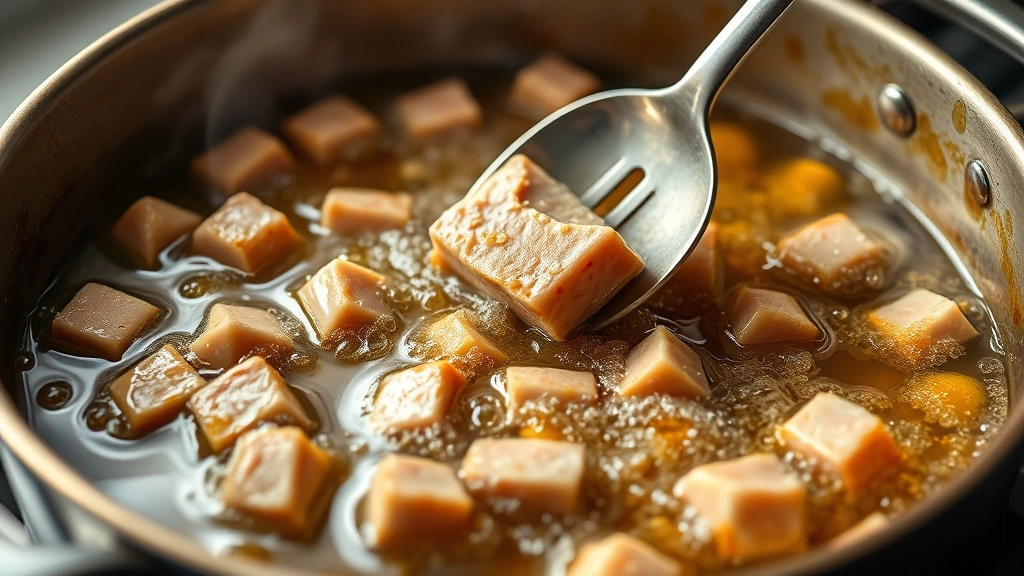 process: pork cubes frying in deep golden oil in heavy pot, bubbling and browning, slotted spoon lifting piece, steam rising, natural kitchen lighting, close professional angle