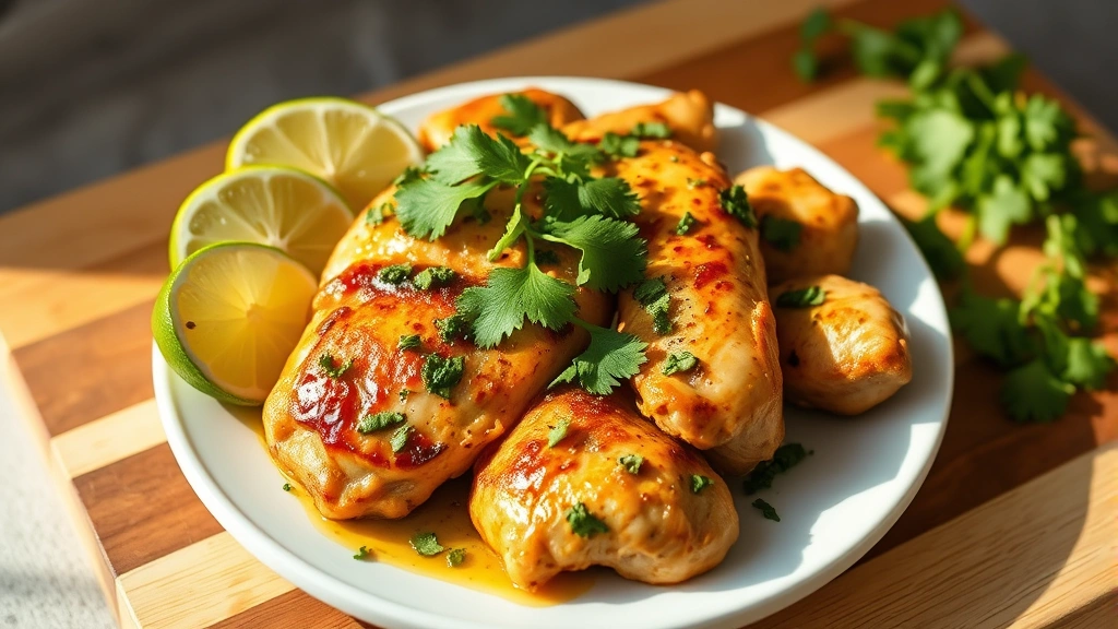hero: plated cilantro lime chicken with lime wedges and fresh cilantro garnish, warm golden-brown color, natural sunlight from left side, wooden cutting board background, no text or logos