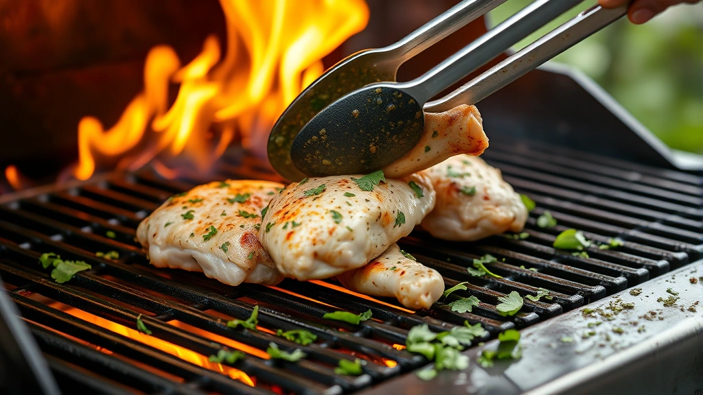 process: chicken being flipped on a hot grill with tongs, cilantro marinade visible on surface, flames in background, natural outdoor lighting, no text or logos