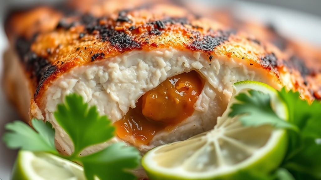 detail: close-up macro shot of grilled chicken breast cross-section showing juicy interior, garnished with fresh cilantro leaf and lime slice, shallow depth of field, natural diffused light, no text or logos