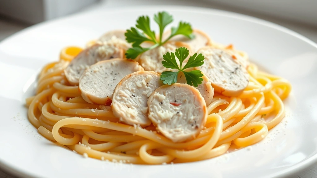hero: creamy fettuccine pasta with sliced chicken breast, fresh parsley garnish, and grated cheese on white plate, photorealistic, natural window light, no text
