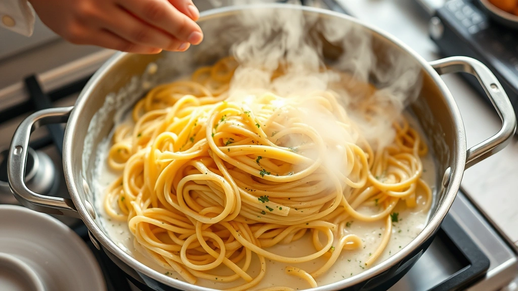 process: hands tossing hot pasta with cream sauce in large pan, steam rising, photorealistic, natural kitchen light, no text
