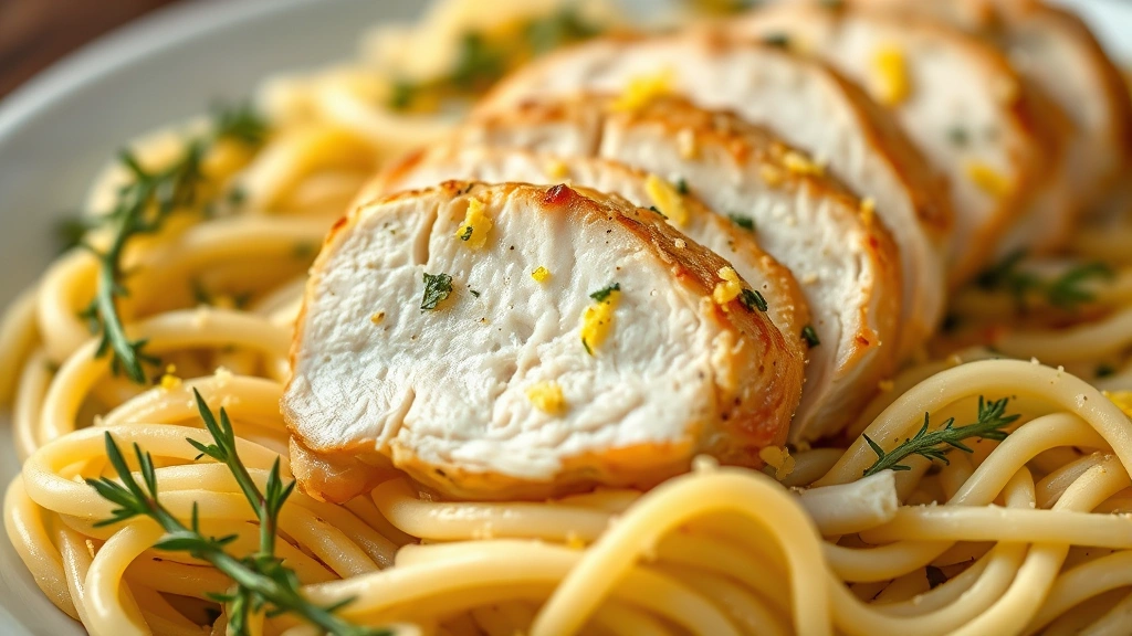 detail: close-up of sliced chicken breast on bed of creamy pasta with fresh thyme and lemon zest, photorealistic, shallow depth of field, natural light, no text