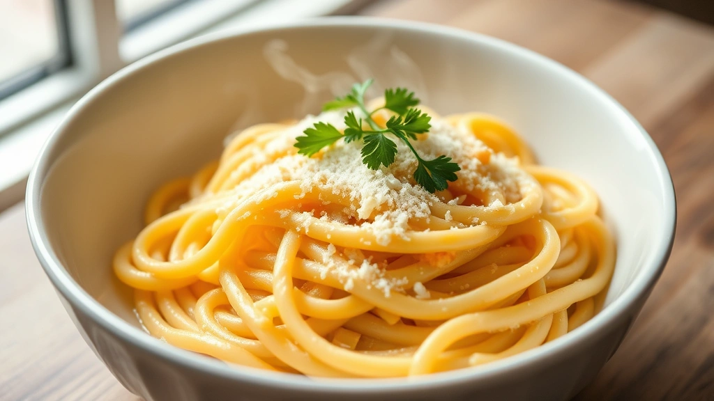 hero: bowl of creamy fettuccine pasta with Parmesan cheese garnish, steam rising, fresh parsley on top, photorealistic, natural window lighting, white ceramic bowl, no text