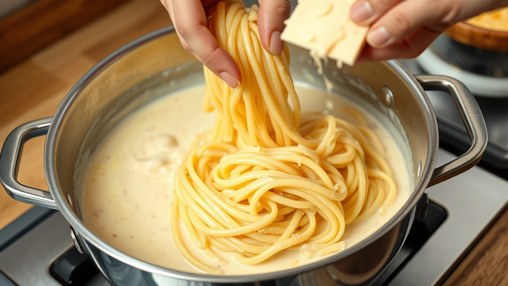 process: hand stirring pasta into cream sauce in stainless steel skillet, cheese being added, creamy texture visible, photorealistic, warm kitchen lighting, no text