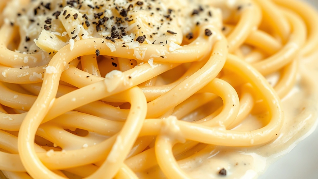 detail: close-up of al dente pasta coated in silky cream sauce, Parmesan cheese sprinkled on top, fresh cracked black pepper, photorealistic, macro photography, natural light, no text
