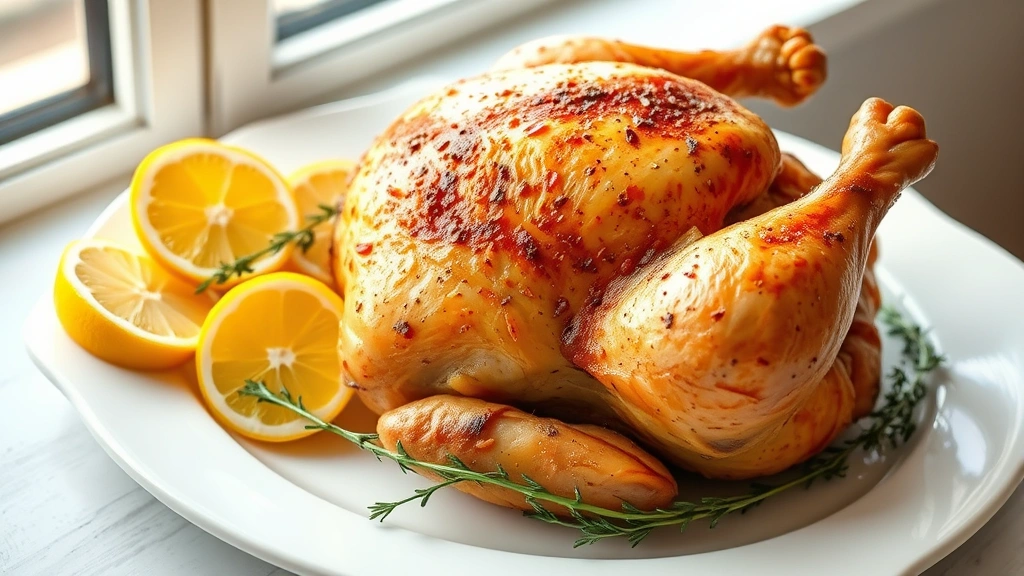 hero: golden-brown whole roasted chicken on white platter with fresh lemon halves and thyme garnish, photorealistic, natural window light, no text