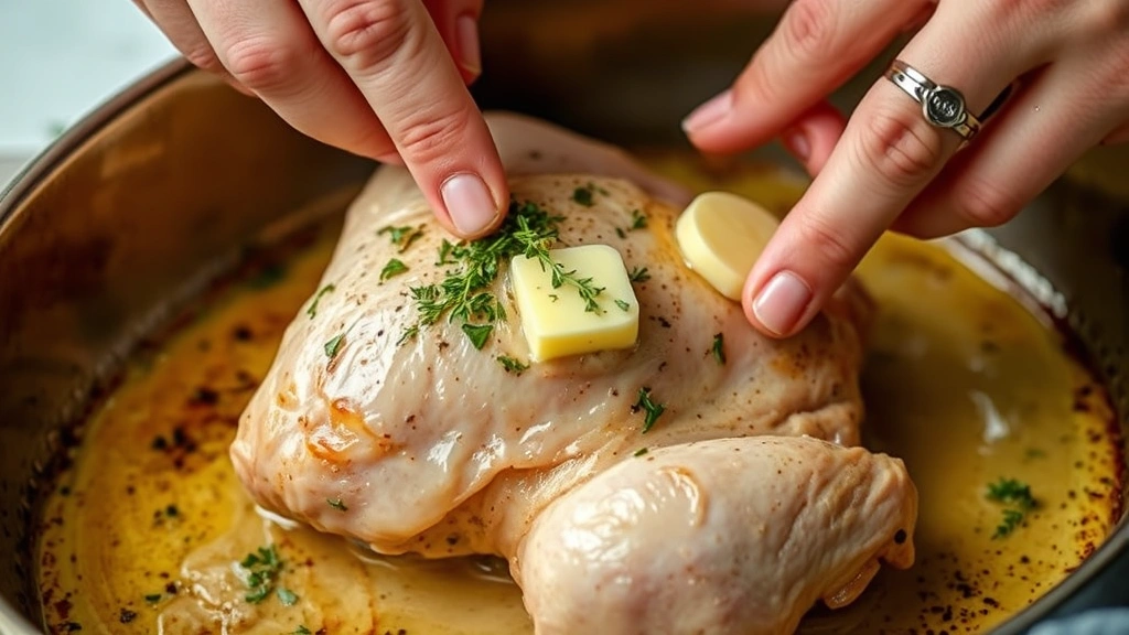 process: hands rubbing herb butter under chicken skin in roasting pan, photorealistic, natural kitchen light, no text