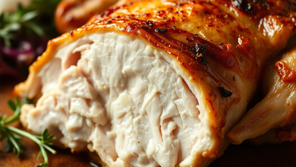 detail: close-up of carved chicken thigh showing juicy tender meat and golden skin, photorealistic, natural light, no text