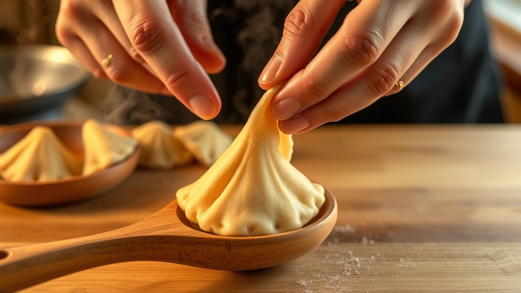 process: hands folding hot fortune cookie over wooden spoon handle with steam rising, golden color, warm kitchen lighting, motion captured, showing the technique