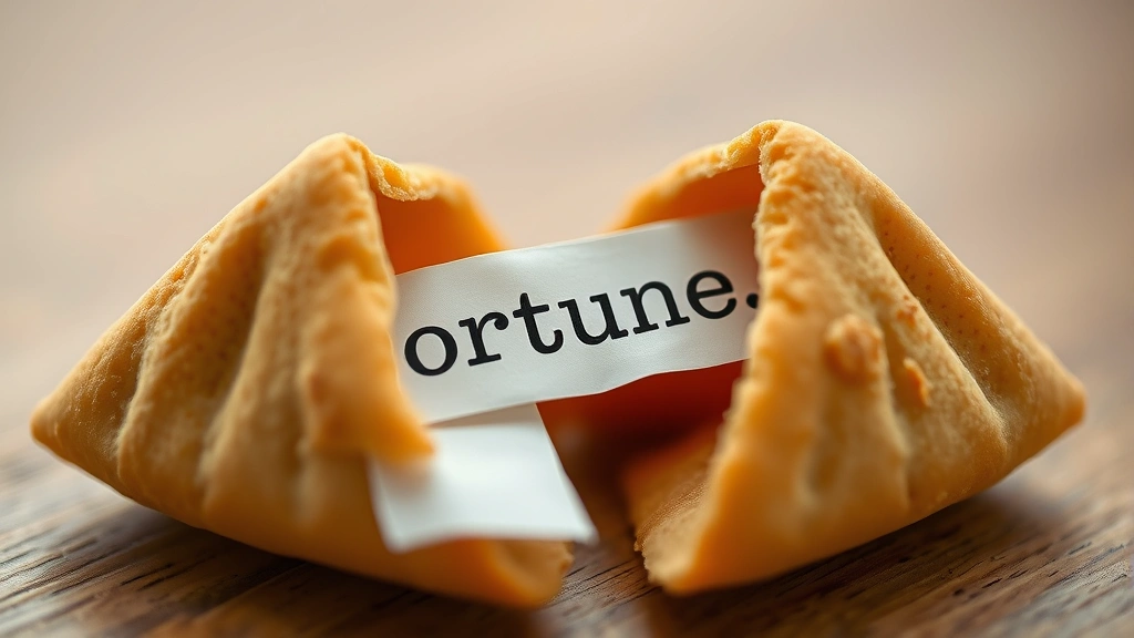 detail: close-up of fortune cookie broken in half revealing white paper fortune strip, shallow depth of field, golden cookie texture visible, natural warm lighting
