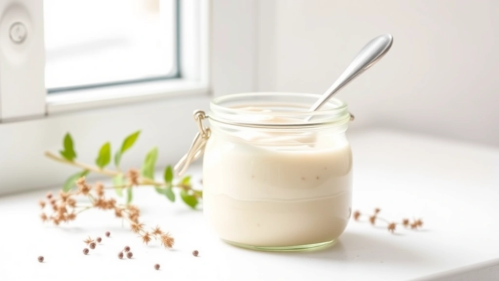 hero: creamy white crème fraîche in a rustic glass jar with a spoon, photorealistic, soft natural window light, minimalist white background, no text