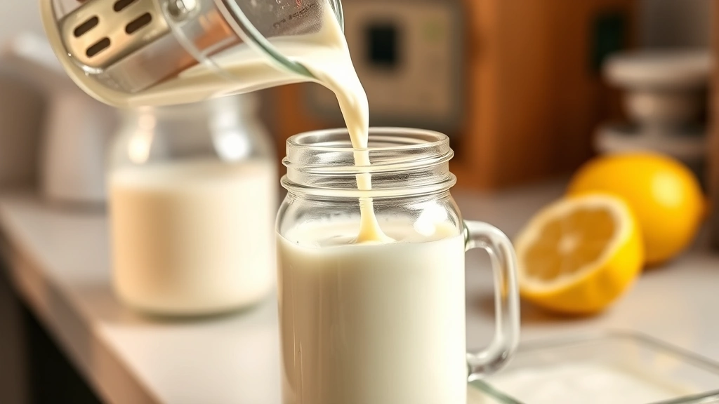 process: pouring heavy cream into a glass jar with lemon juice visible in background, photorealistic, warm natural light, kitchen counter setting, no text