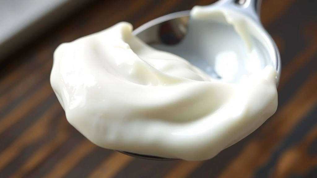 detail: close-up of thick silky crème fraîche texture with a spoon, photorealistic, bright natural light, shallow depth of field, no text
