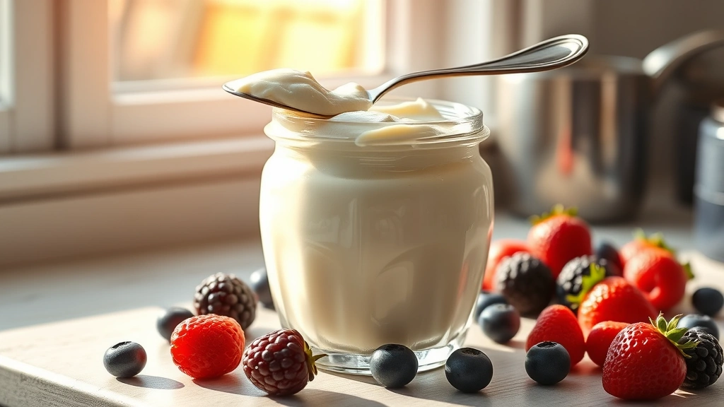 hero: elegant glass jar filled with thick, creamy crème fraîche with a silver spoon resting on top, fresh berries scattered nearby, morning sunlight streaming through window, Preppy Kitchen aesthetic, photorealistic, natural light, no text