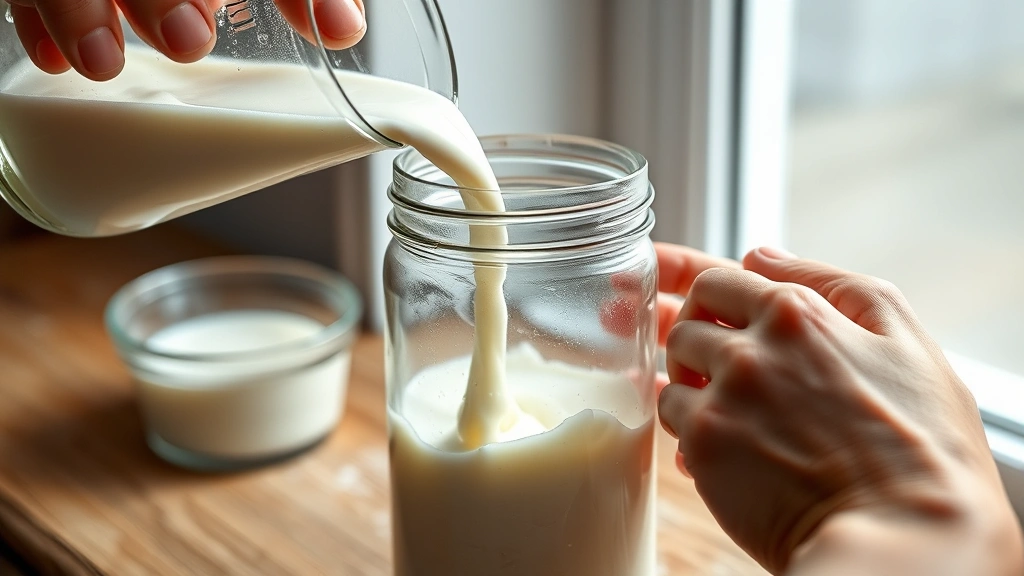 process: pouring heavy cream into clear glass jar, buttermilk being stirred in, hands showing the mixing technique, soft natural window light, photorealistic, close-up, no text