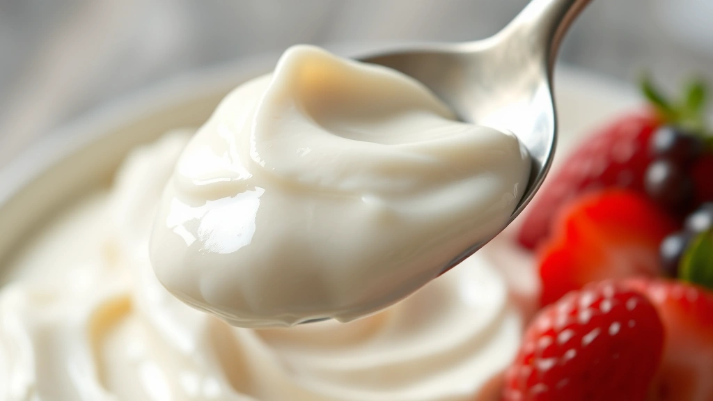 detail: creamy crème fraîche texture closeup, spoon lifting thick dollop showing consistency, fresh berries on the side, shallow depth of field, photorealistic, natural light, no text
