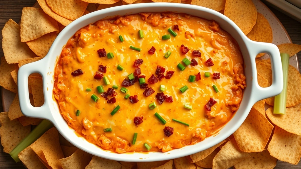 hero: Frank's buffalo chicken dip in white ceramic baking dish, melted cheese on top, garnished with fresh chives and bacon bits, surrounded by celery sticks and tortilla chips, warm orange and golden tones, overhead flat lay, natural window light, no text or logos visible