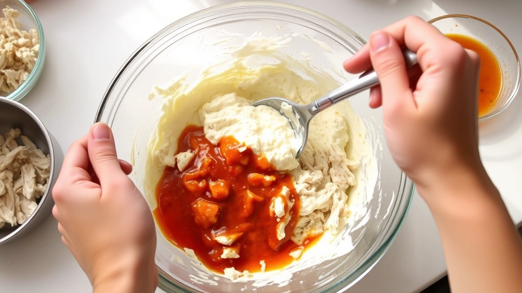 process: hands stirring cream cheese mixture in glass bowl with wooden spoon, shredded chicken and hot sauce visible, bright kitchen counter, natural daylight, showing texture and preparation stage, no text