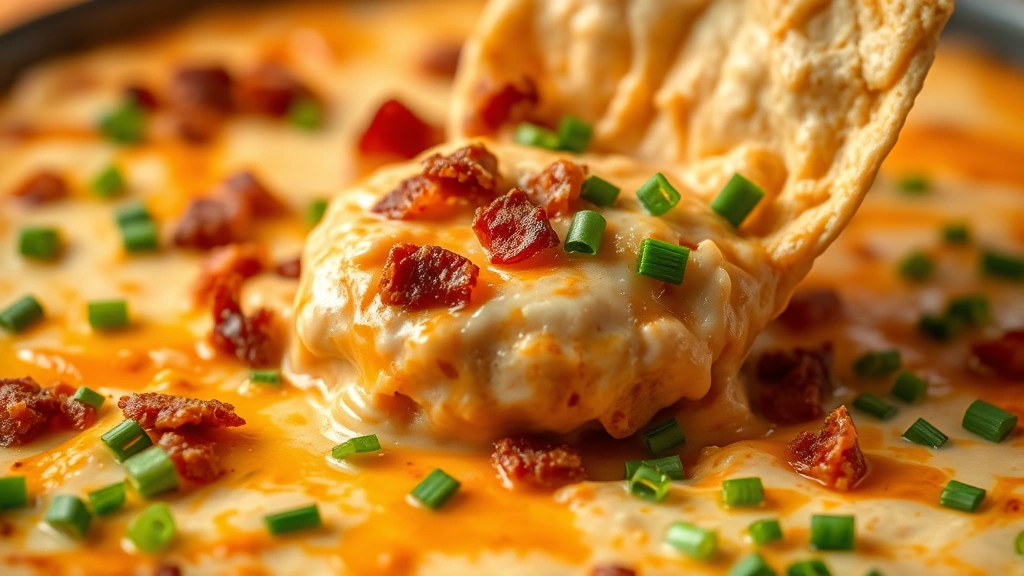 detail: close-up macro shot of creamy buffalo chicken dip with melted cheese, bacon bits, and chives, steam rising slightly, tortilla chip dipped into dip, warm professional lighting, shallow depth of field, no text
