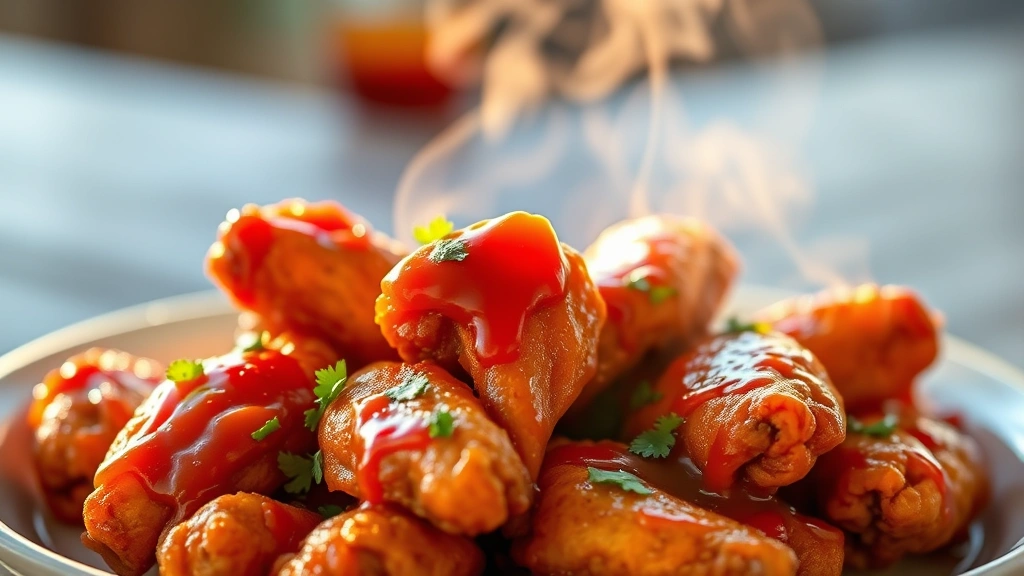 hero: golden crispy chicken wings coated in glossy Frank's hot sauce, garnished with fresh parsley, on a white ceramic platter, warm steam rising, natural golden hour lighting, shallow depth of field, food photography style