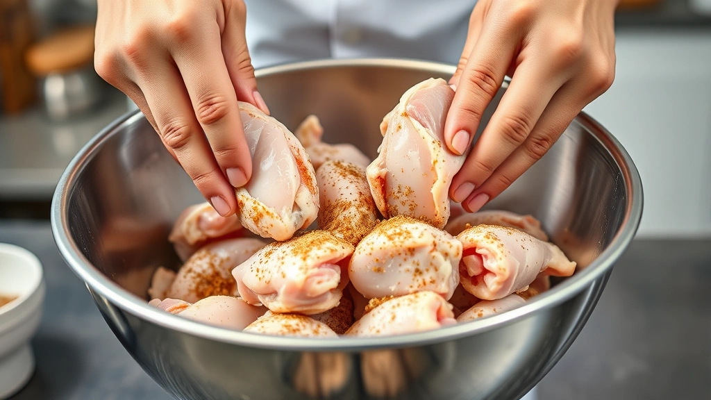 process: hands tossing raw chicken wings in a large stainless steel bowl with seasoning mixture, close-up action shot, bright natural kitchen lighting, professional food photography