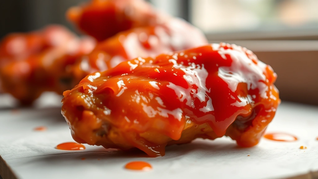 detail: close-up macro shot of single Frank's hot sauce glazed wing showing crispy golden exterior and sauce coating, shallow depth of field, natural window light, food styling photography