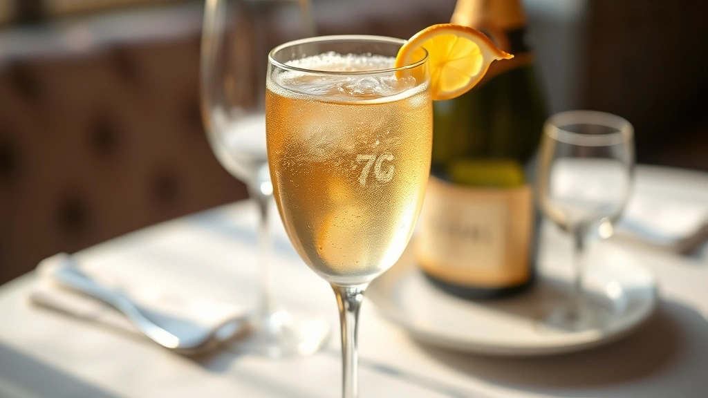 hero: French 76 cocktail in champagne flute with lemon twist, golden champagne bubbles visible, elegant table setting with soft daylight, no text or watermarks