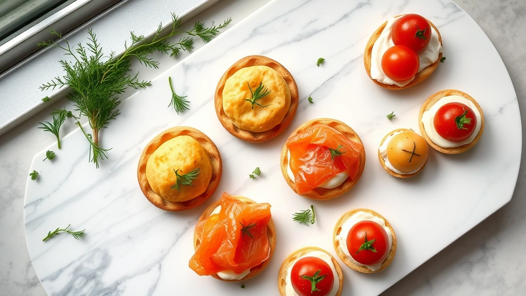hero: beautiful spread of French appetizers including golden cheese gougères, elegant smoked salmon canapés with fresh dill, and cherry tomato caprese bites on a white marble platter with fresh herbs scattered around, natural window light, overhead view, photorealistic, no text
