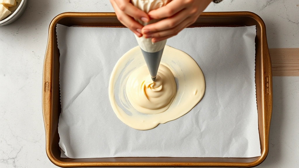 process: hands piping cheese gougère batter onto parchment paper lined baking sheet, overhead view, showing the piping bag and mixture detail, natural kitchen lighting, photorealistic, no text