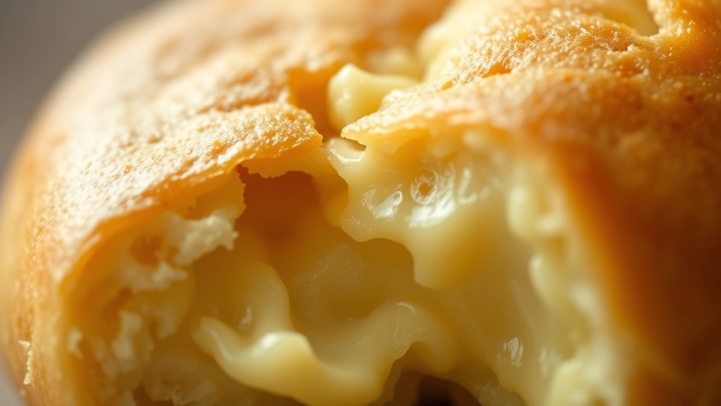 detail: close-up macro shot of a single gougère cross-section showing the light airy interior texture with melted Gruyère cheese, shallow depth of field, natural diffused light, photorealistic, no text