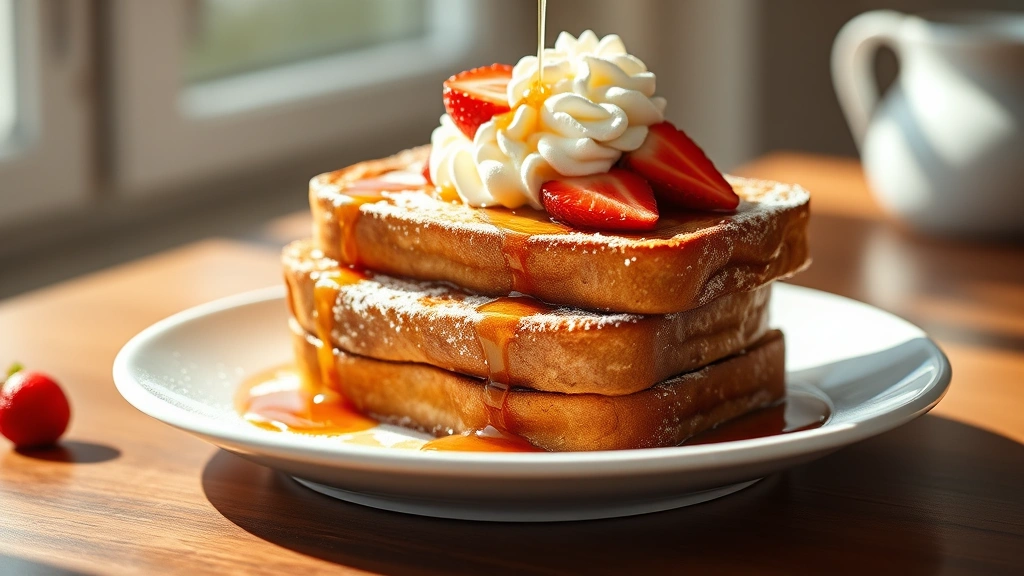 hero: stack of French brioche French toast dusted with powdered sugar, topped with fresh strawberries and whipped cream, warm maple syrup dripping down the sides, natural morning sunlight streaming across the plate, shallow depth of field, photorealistic, no text, on white ceramic plate