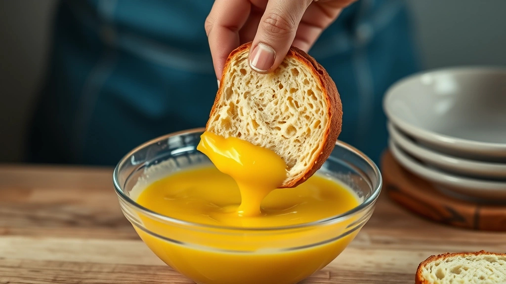 process: hand dipping a thick slice of brioche into golden custard mixture in a shallow bowl, egg mixture coating the bread, natural kitchen lighting, photorealistic, no text