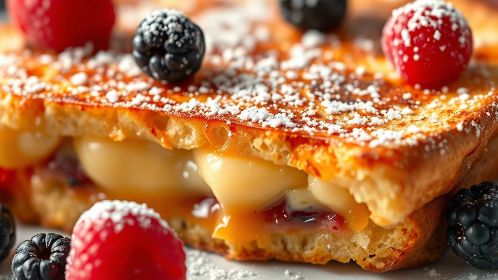 detail: close-up cross-section of French toast showing crispy caramelized exterior and custardy interior, steam rising, fresh berries and powdered sugar visible, macro photography, photorealistic, natural light, no text