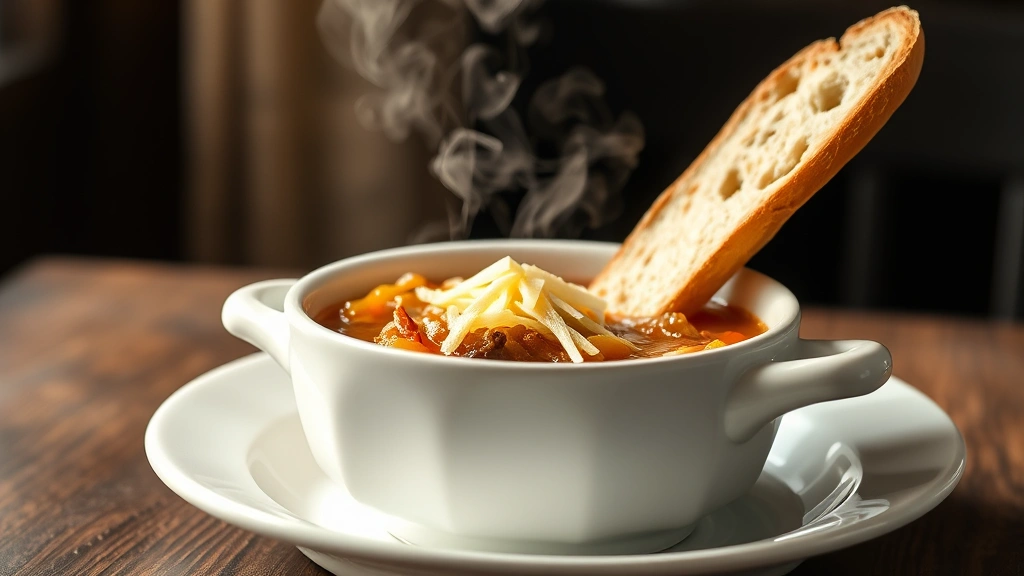 hero: French onion soup in white ceramic bowl, melted golden Gruyère cheese on top, crusty baguette slice visible, steam rising, dark wooden table background, warm natural window light from left, no text