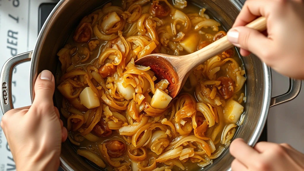 process: hands stirring deep golden caramelized onions in large pot with wooden spoon, butter and oil glistening, professional kitchen lighting, close overhead angle, no text