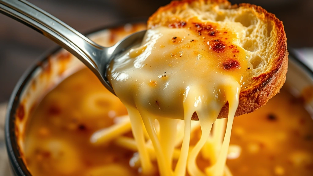 detail: close-up of broiled soup with bubbling golden-brown cheese crust and melted cheese draping over toasted bread, ladle lifting soup showing rich broth, creamy cheese strings, no text