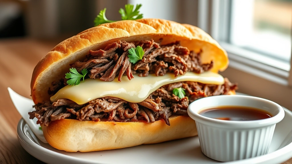 hero: French dip sandwich stacked high with shredded beef, melted Swiss cheese, fresh parsley garnish on crusty roll, served with small white ramekin of au jus for dipping, photorealistic, natural window light, no text, professional food photography