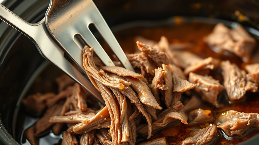 detail: close-up of shredded beef being pulled with two forks from slow cooker, tender meat falling apart, rich broth visible, photorealistic, natural light, no text, macro photography