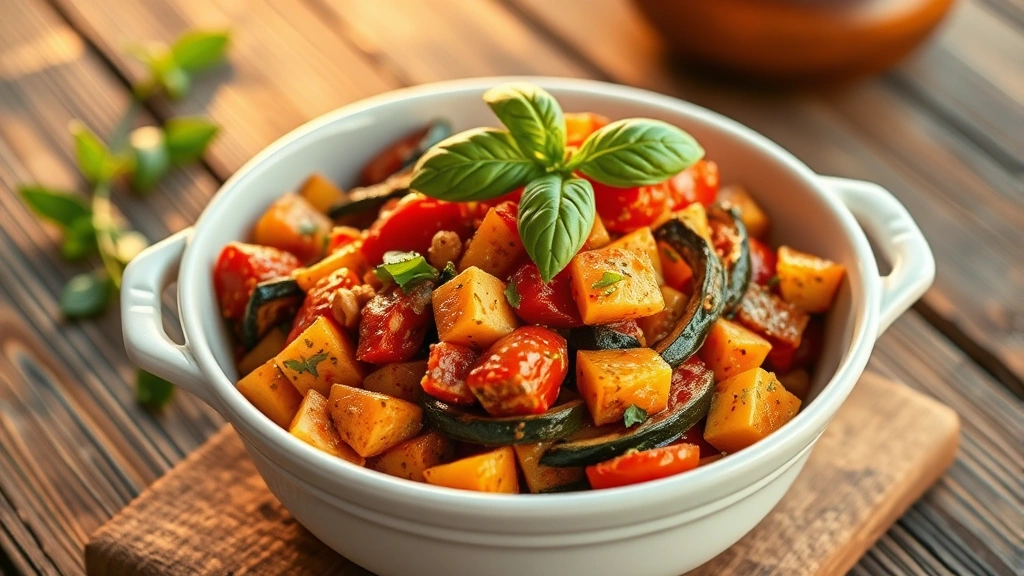 hero: finished ratatouille in white ceramic bowl, vibrant colorful vegetable layers visible, golden hour natural sunlight streaming from left, fresh basil garnish on top, rustic wooden table background, shallow depth of field