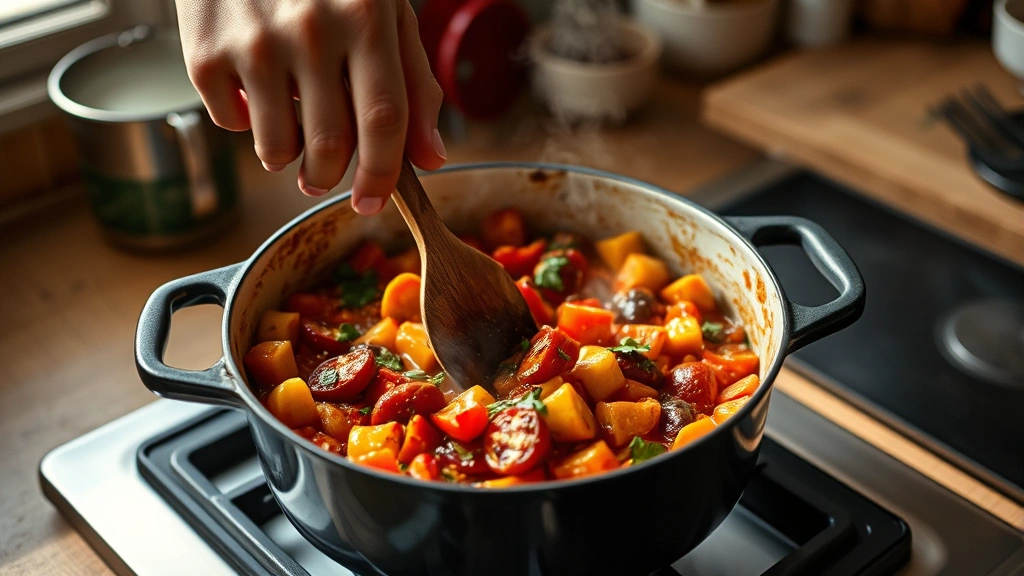 process: hands stirring ratatouille in Dutch oven on stovetop, vegetables mid-cooking with visible steam, natural kitchen window light, warm tones, professional food photography style