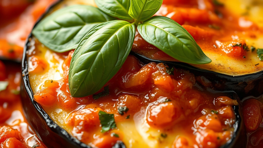 detail: close-up macro shot of ratatouille cross-section showing layers of eggplant zucchini squash and tomato sauce, fresh basil leaf on top, golden olive oil sheen, natural daylight, artistic food styling