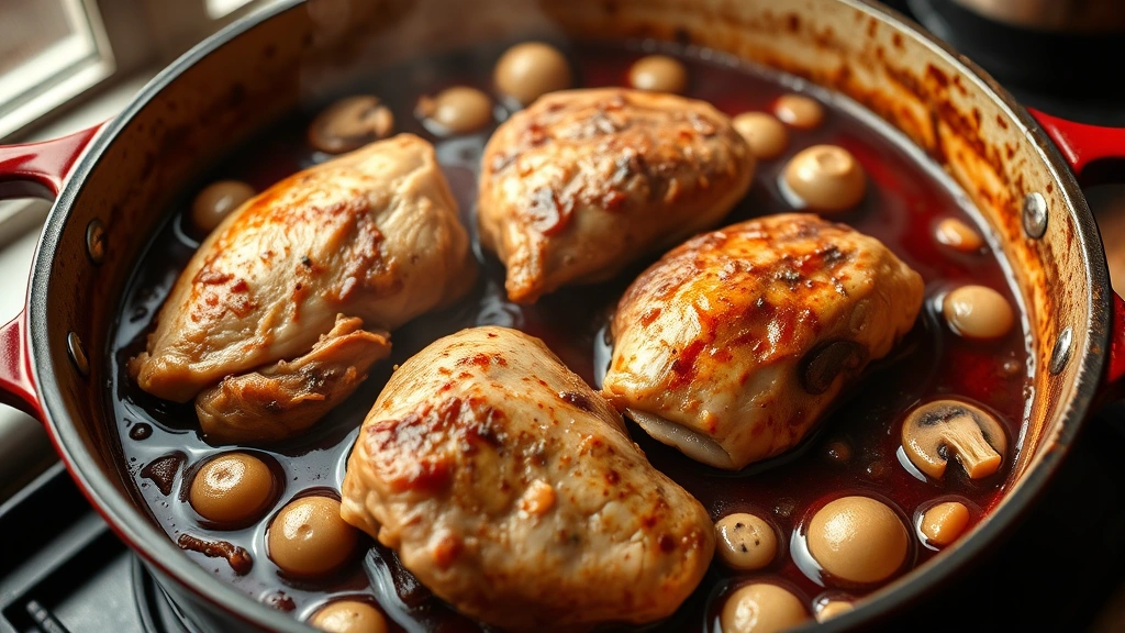 hero: coq au vin in Dutch oven, chicken thighs braised in deep burgundy wine sauce with pearl onions and mushrooms, steam rising, rustic French bistro style, natural window light, shallow depth of field, no text or watermarks